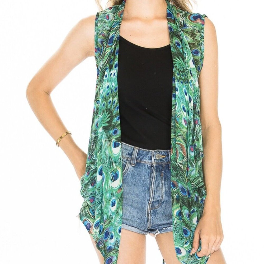 Women's fancy sleeveless Peacock Print Chiffon Fabric Bohemian Scarf Vest